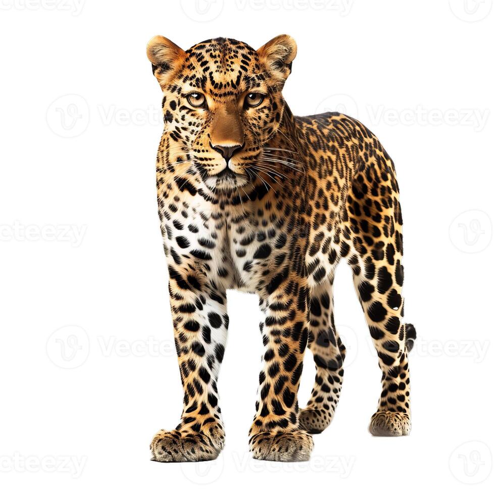 Powerful leopard standing on white background photo