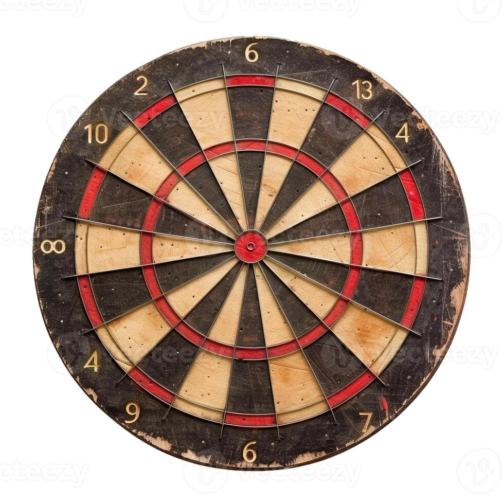 Old dartboard showing signs of wear and tear isolated on white photo