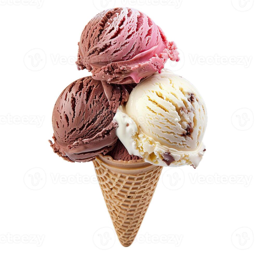 Stack of chocolate, vanilla and strawberry ice cream scoops in waffle cone photo