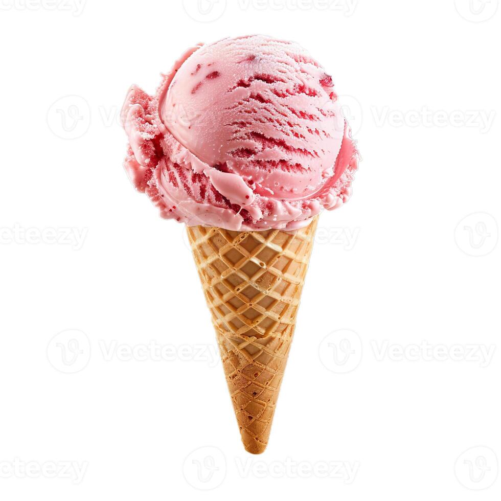 Strawberry ice cream scoop melting on waffle cone isolated on white background photo