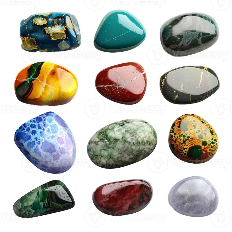 Set of beautiful smooth polished mineral stones isolated on white background photo