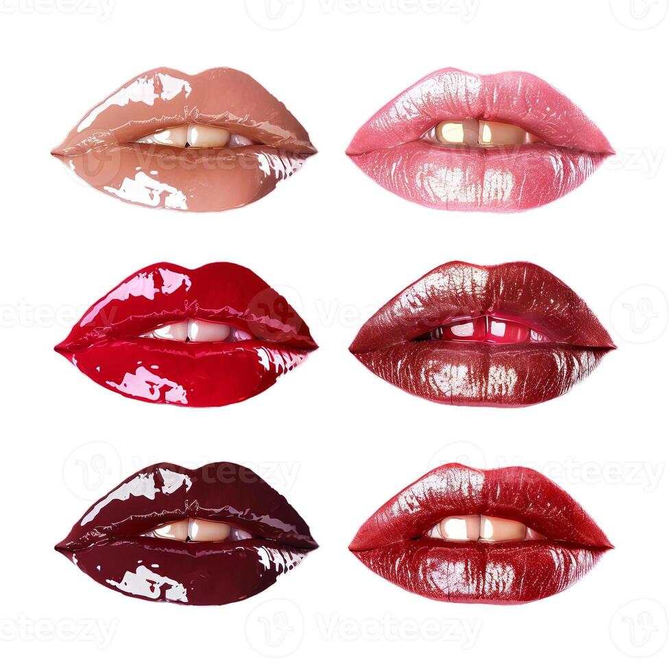 Six female mouths showing colorful lipsticks gloss photo