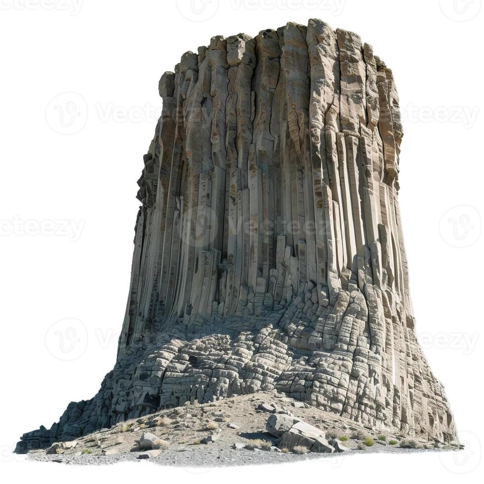 Imposing rock formation standing tall against white background photo