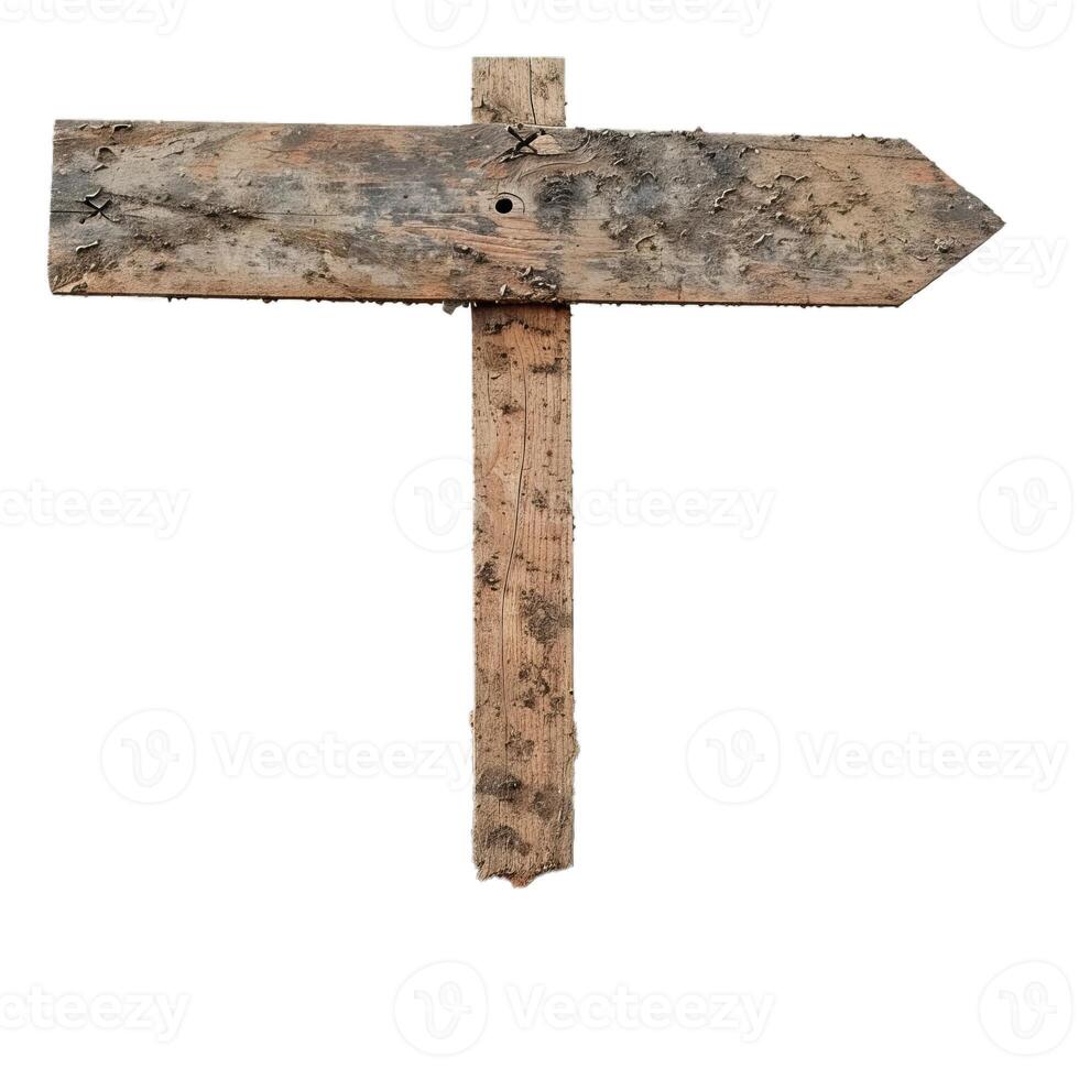 Old wooden signpost pointing right isolated on white background photo