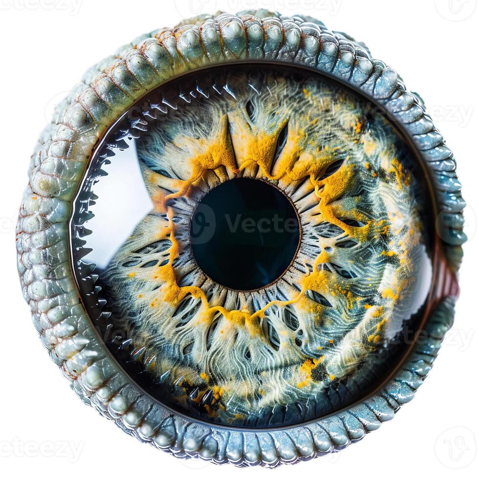 Reptile eye showing slit pupil and colorful iris in macro photography photo