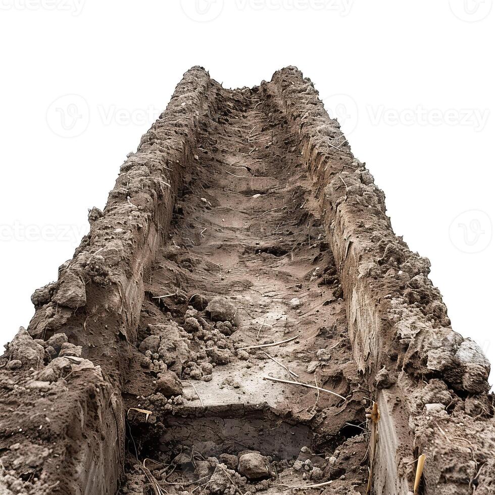 Empty trench with concrete block at bottom on construction site photo