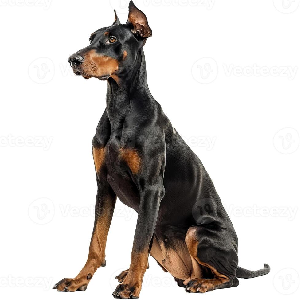 Doberman pinscher sitting and looking up with white background photo