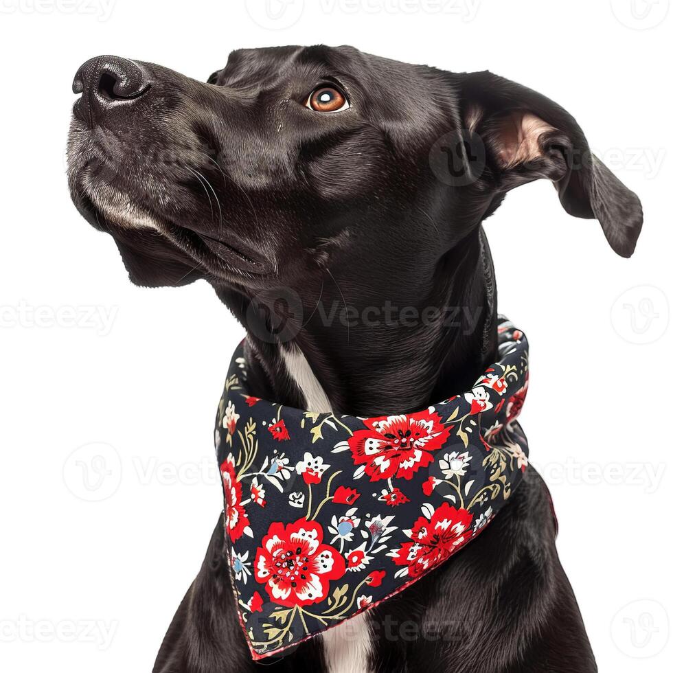 Black labrador dog wearing floral neckerchief looking up photo