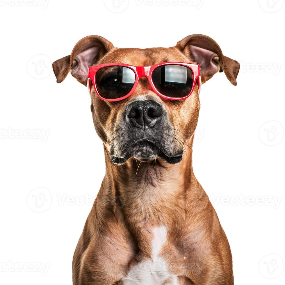 Portrait of dog wearing red sunglasses posing on white background photo