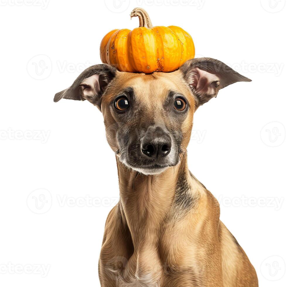 Whippet dog balancing miniature pumpkin on head photo