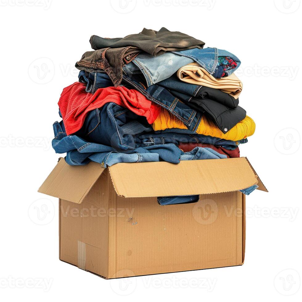 Cardboard donation box overflowing with used clothing photo