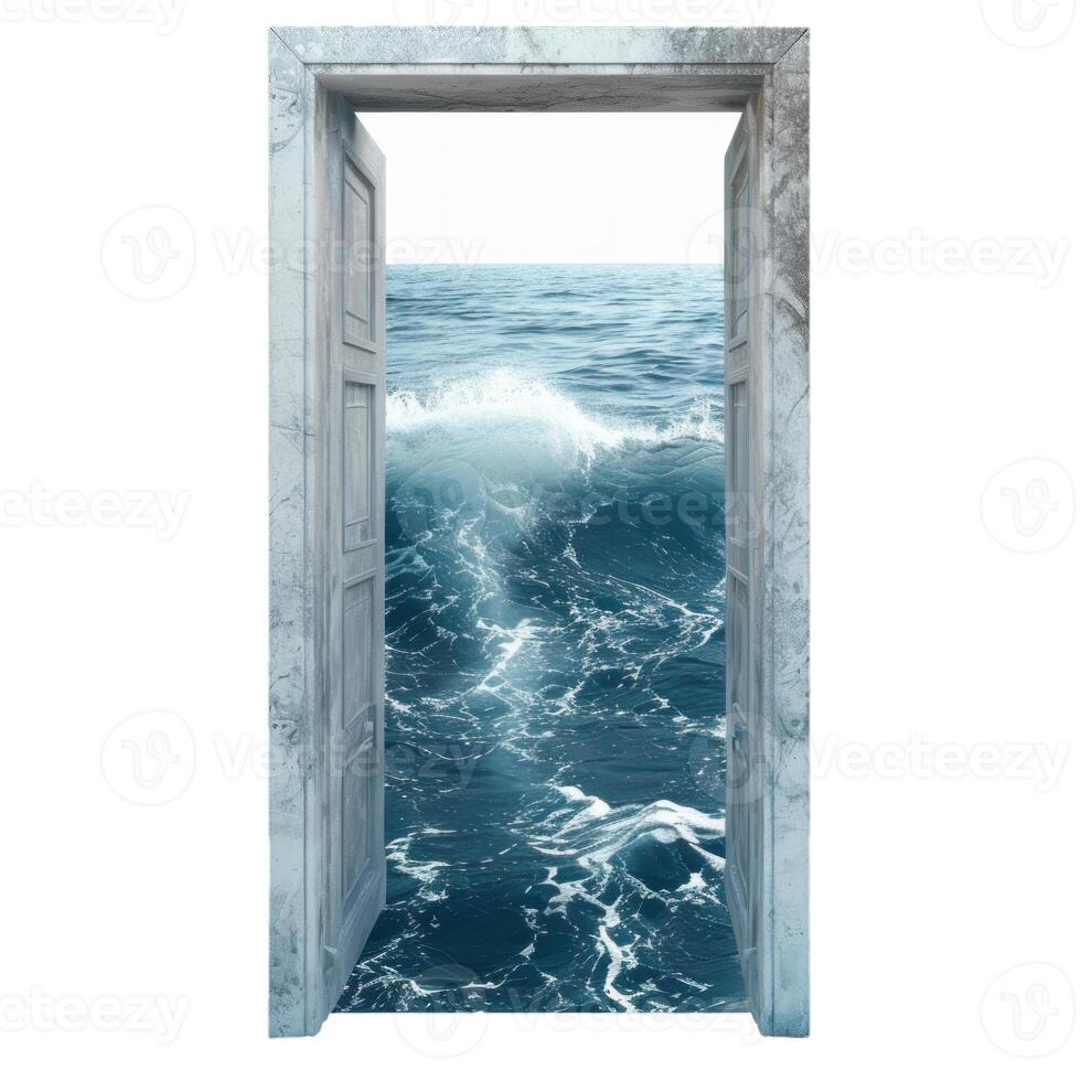 Old stone door opening to ocean with big waves showing concept of new opportunities photo