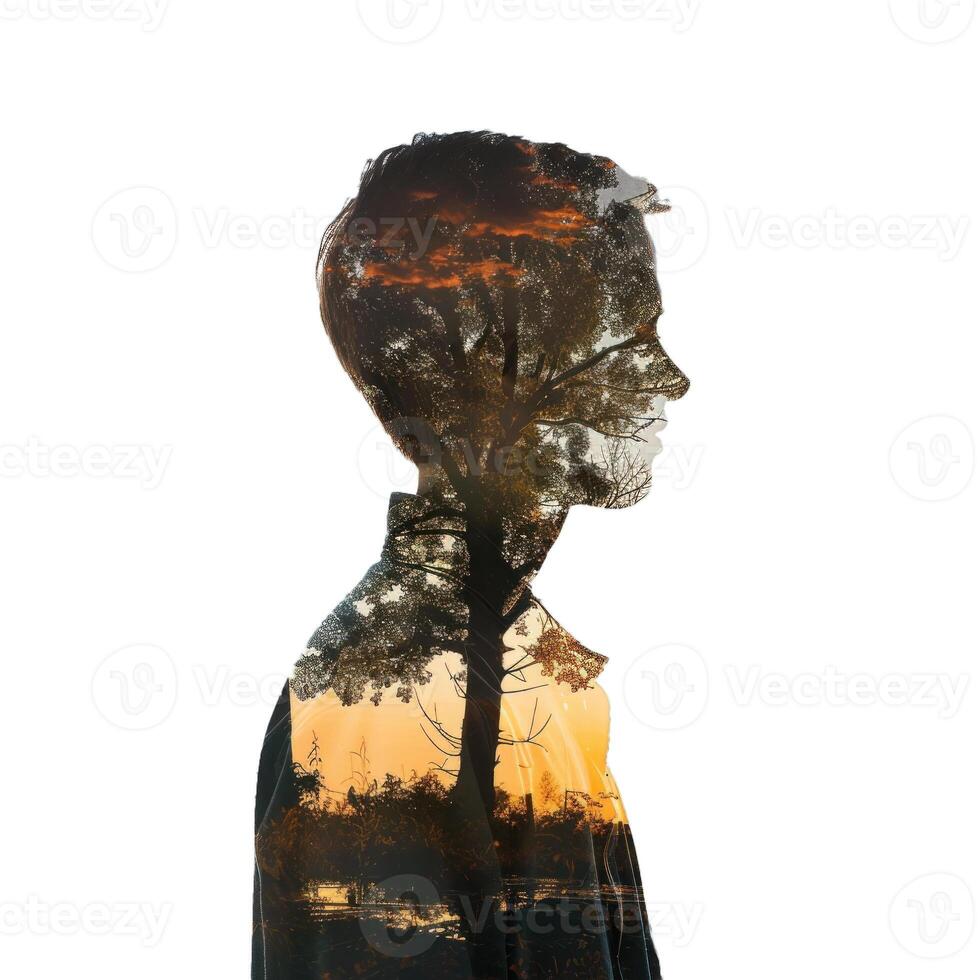 Young man combining with nature in double exposure portrait photo