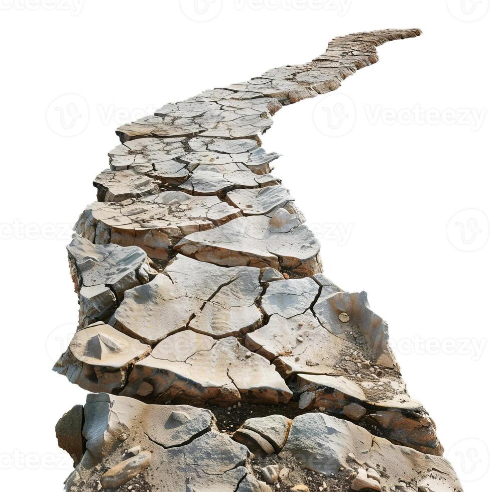 Dry cracked earth forming a path leading to infinity on white background photo
