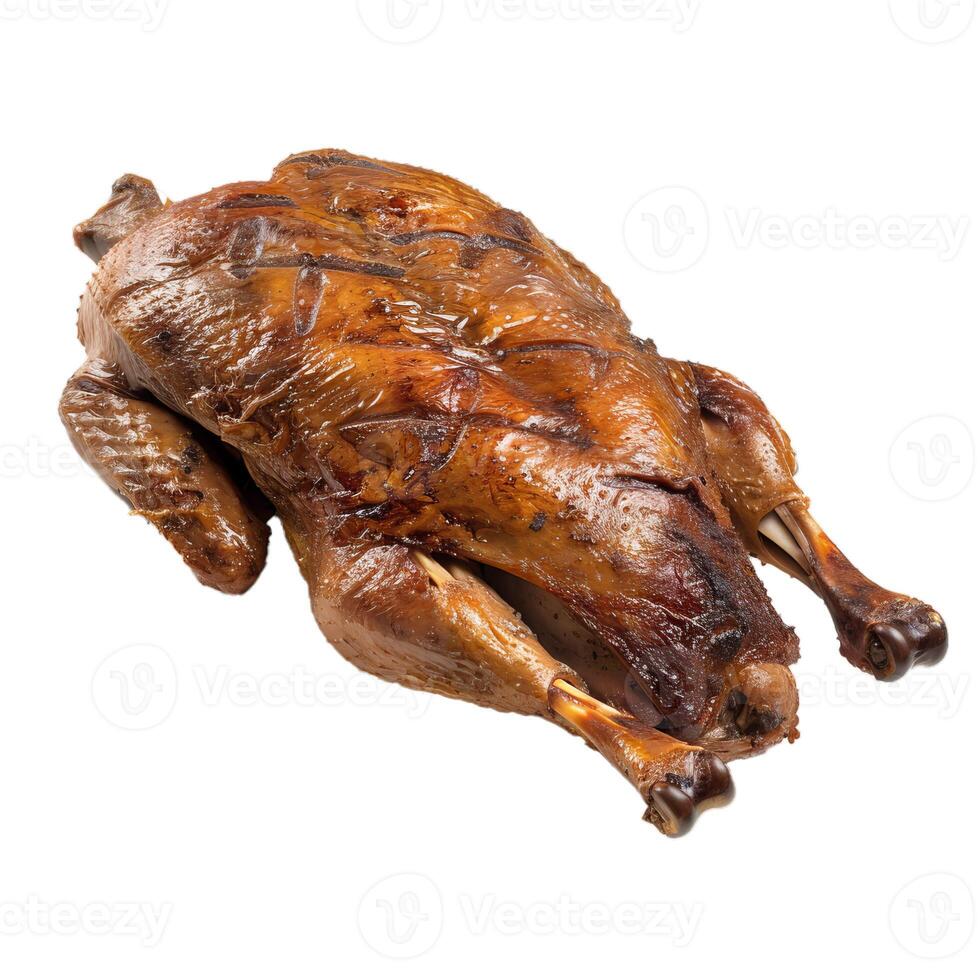 Roasted duck lying on white background for restaurant menu photo
