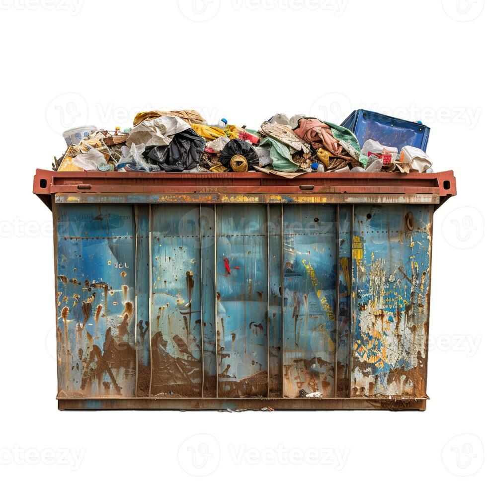 Overflowing trash dumpster isolated on white background photo