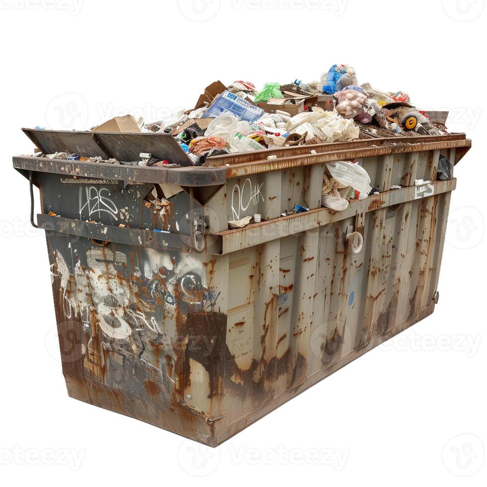 Large, rusty dumpster overflowing with garbage photo