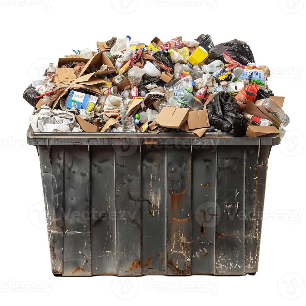 Overflowing trash dumpster filled with household waste photo