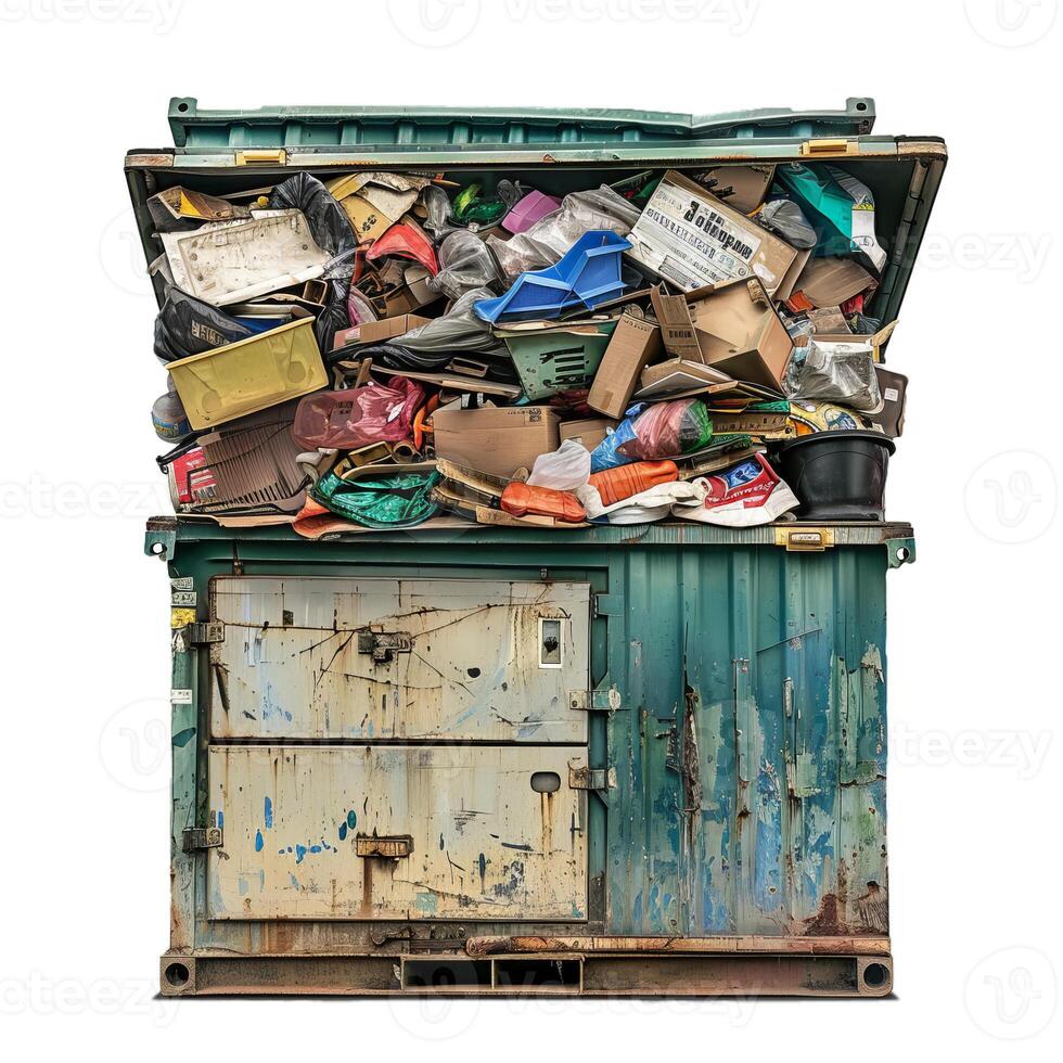 Overflowing green dumpster filled with trash and recycling on white background photo