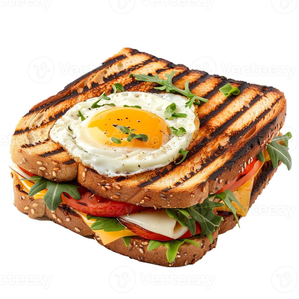 Delicious toasted sandwich with fried egg, cheese and vegetables photo