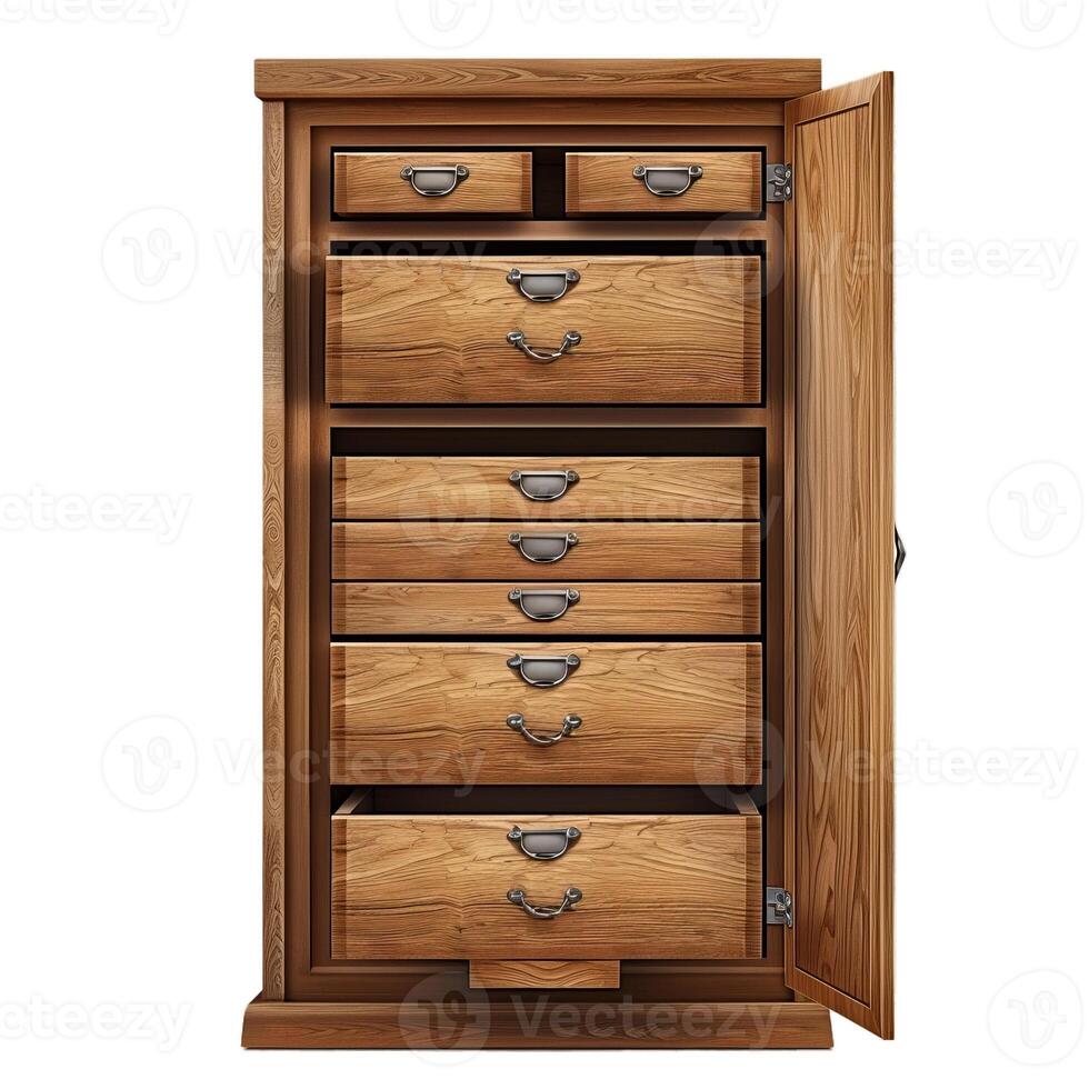 Antique wooden cabinet standing with open drawers displaying storage space photo