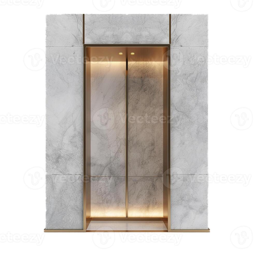 Modern open elevator doors revealing empty foyer with marble walls photo