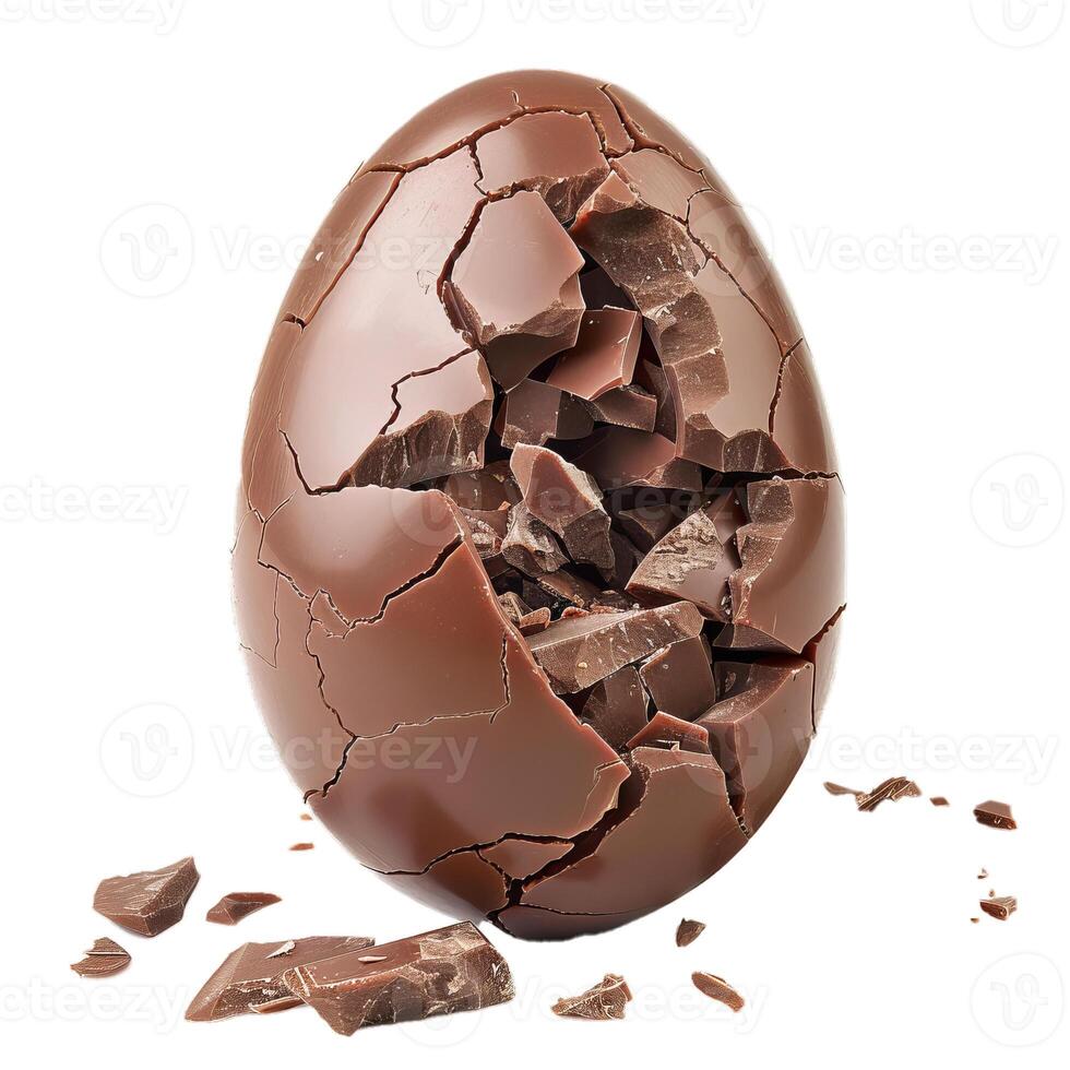 Broken chocolate easter egg isolated on white background photo