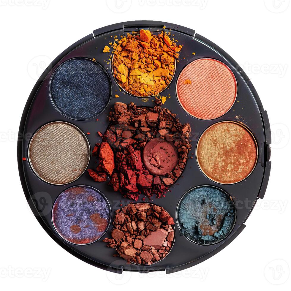 Round multicolored eyeshadow palette showing various colors is isolated on white background photo