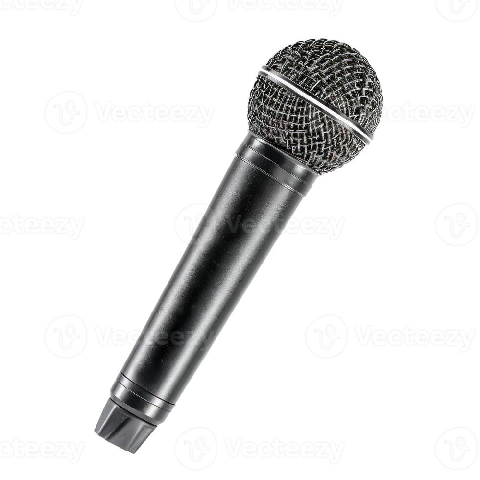 Black microphone lying diagonally on white background photo