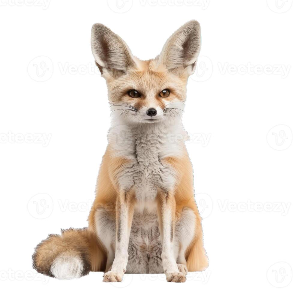 Fennec fox sitting and posing on white background photo