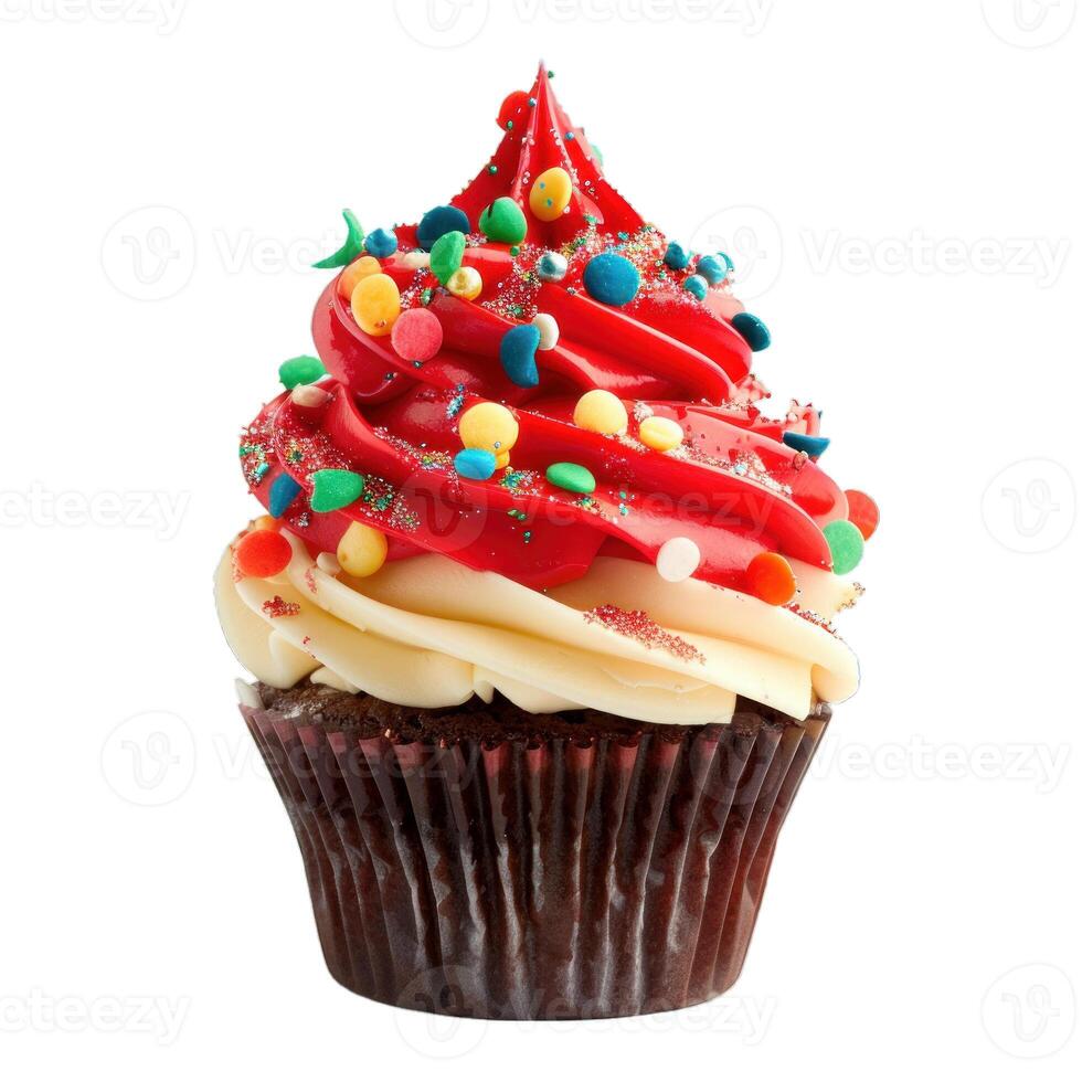 Delicious cupcake standing on white background photo