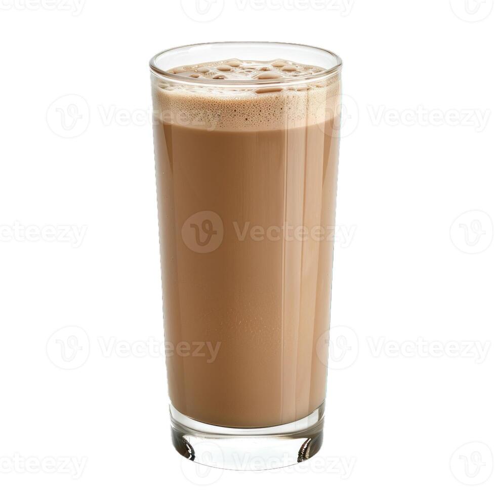 Tall glass of chocolate milk standing on white background photo