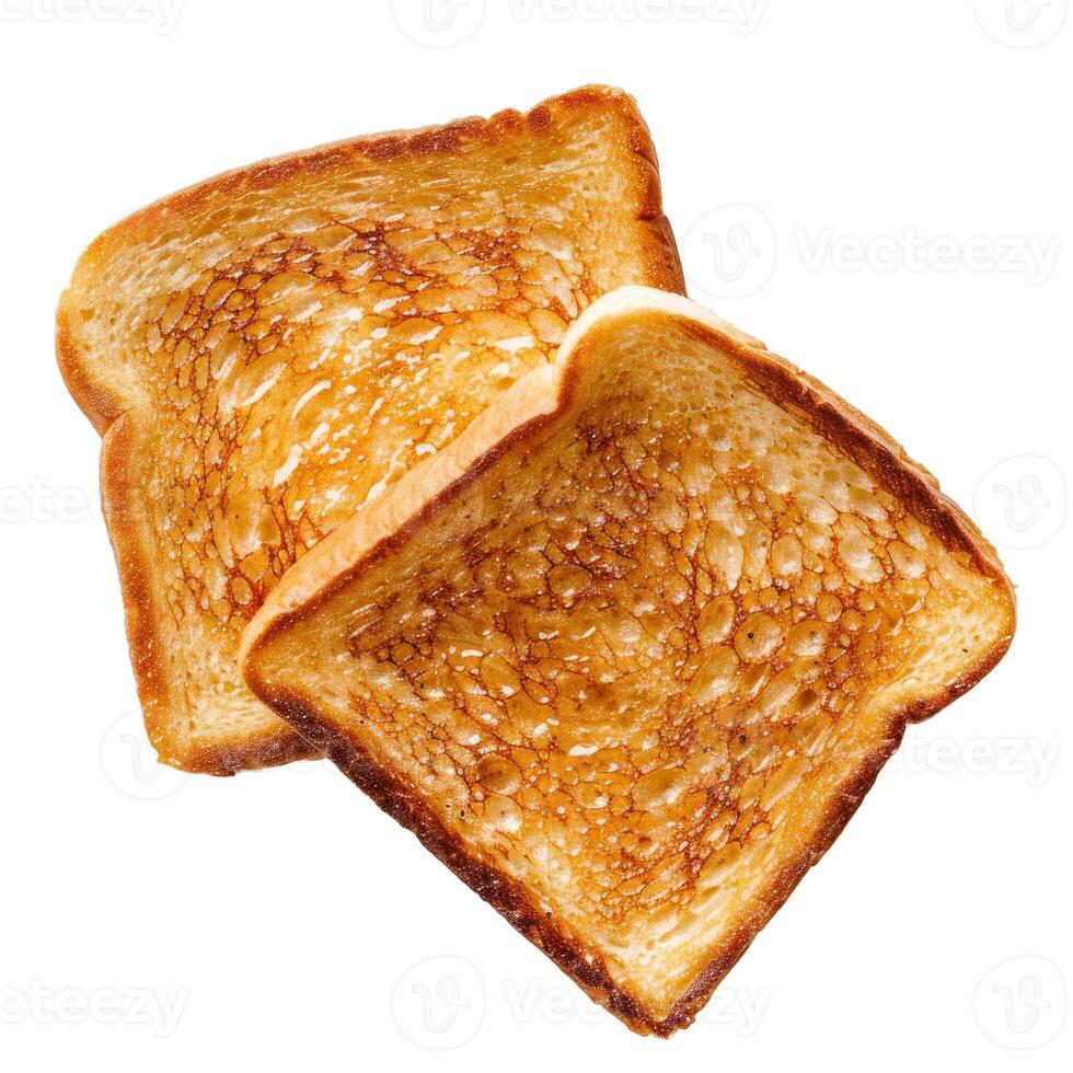 Two slices of white bread toasted and buttered over white background photo