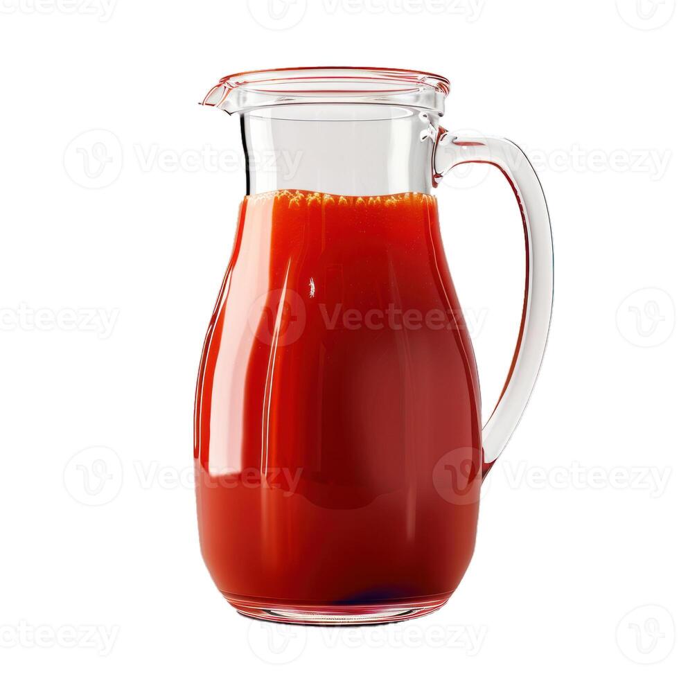 Glass pitcher full of tomato juice on white background photo
