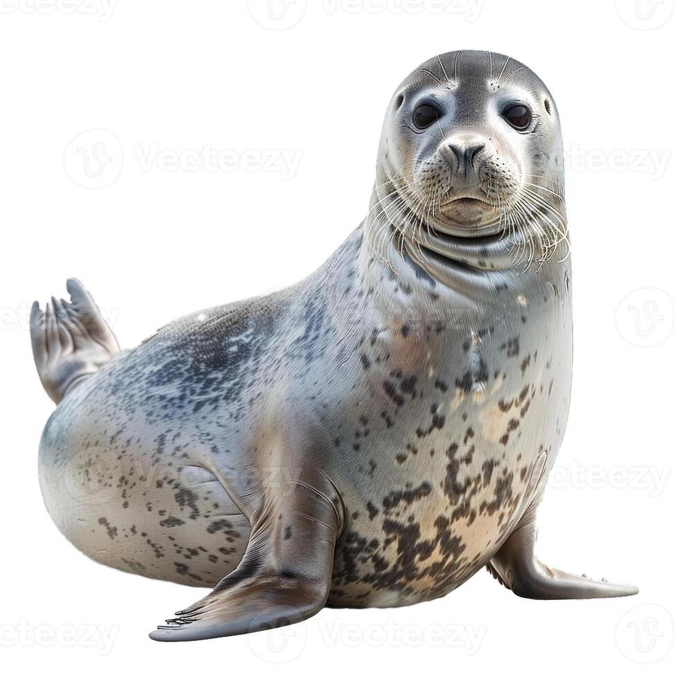 Curious harbor seal relaxing on white background photo