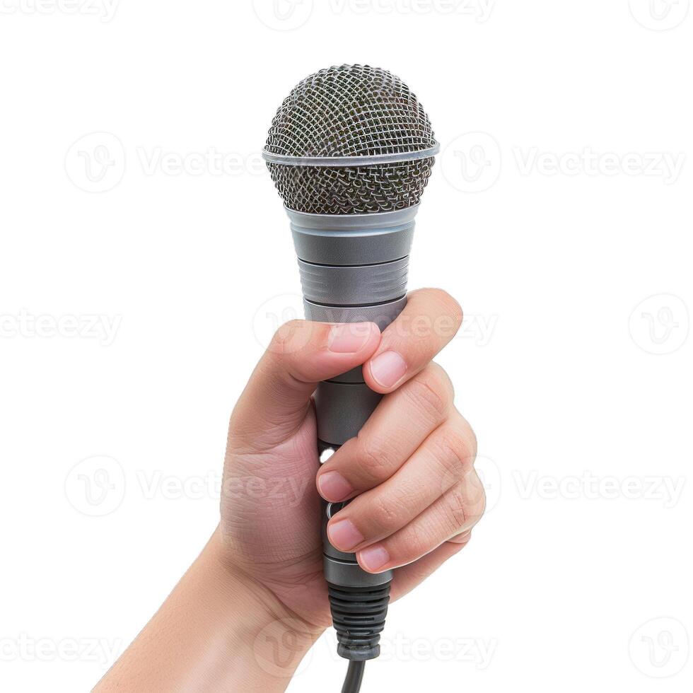 Hand holding a microphone with wire on white background photo