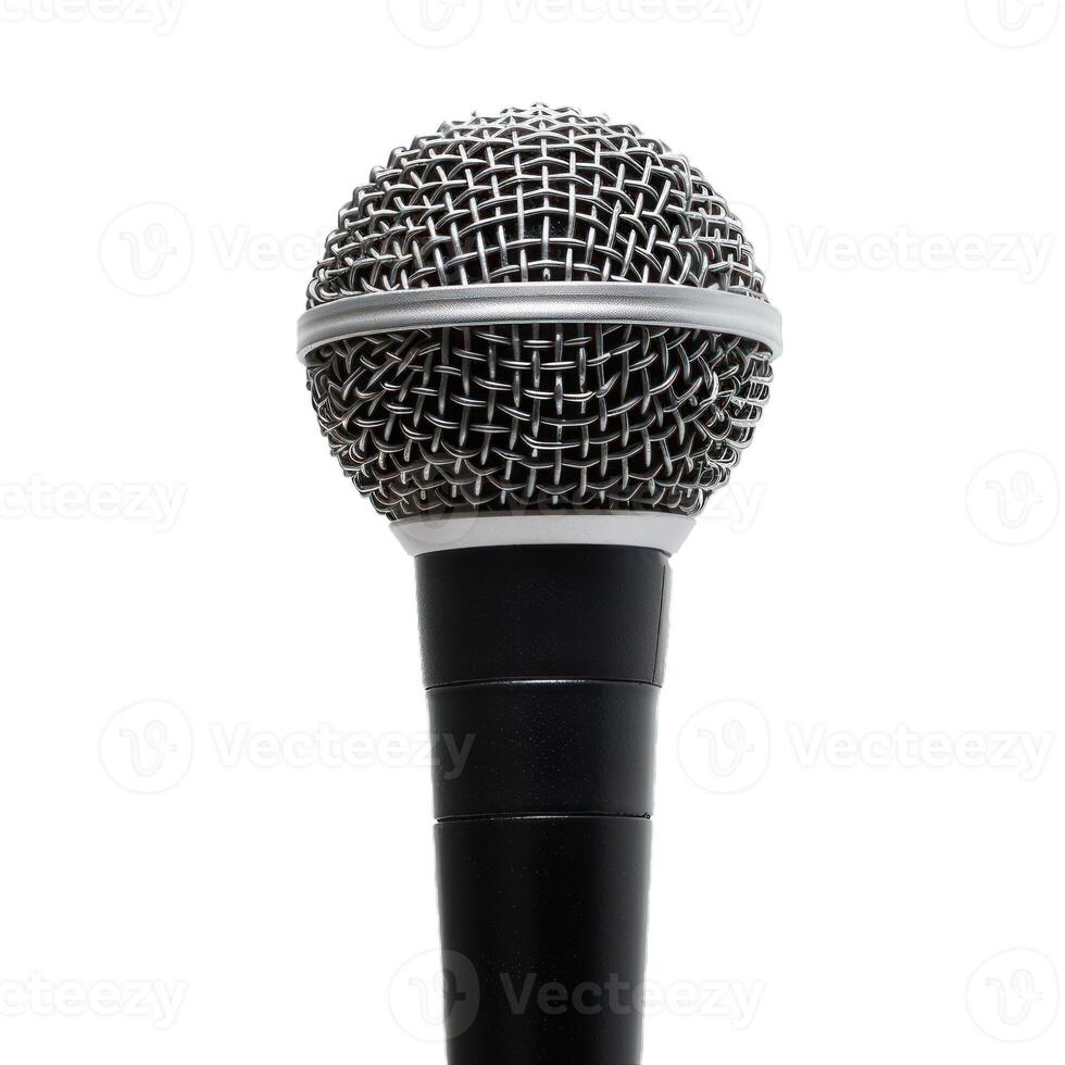 Classic dynamic microphone standing on white background photo