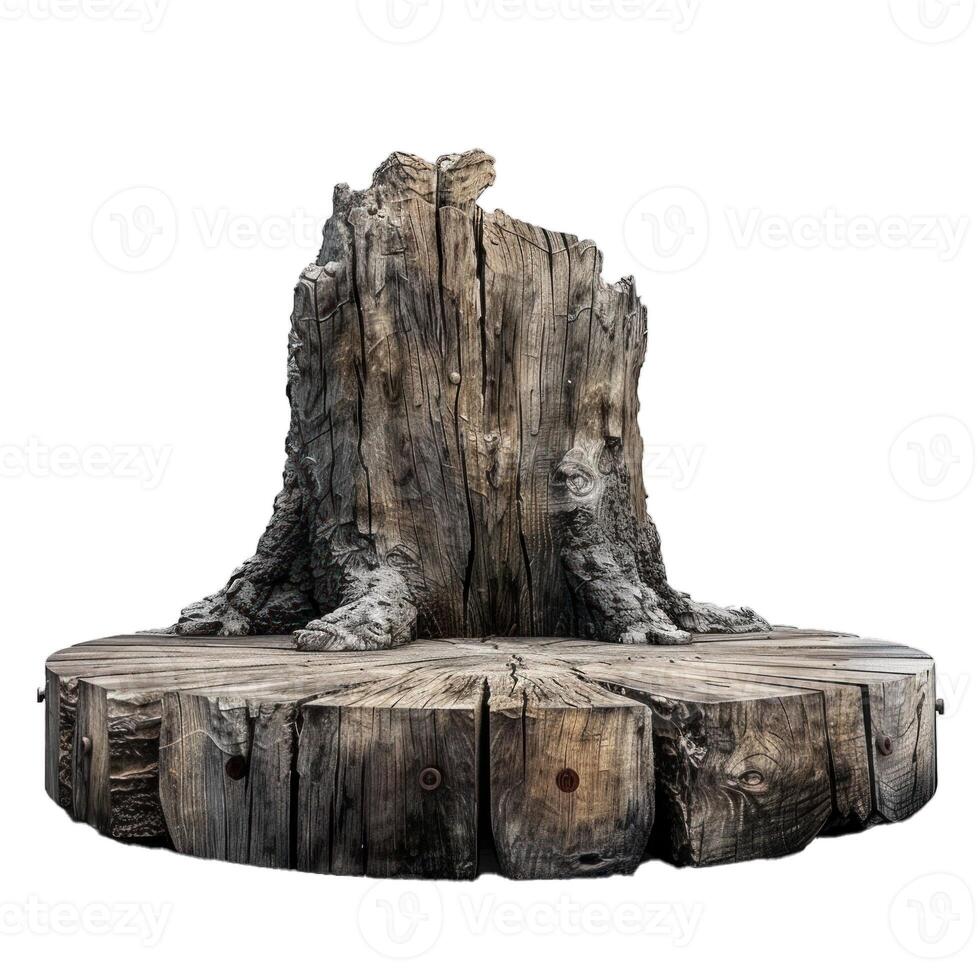 Old weathered tree trunk standing on wooden platform photo