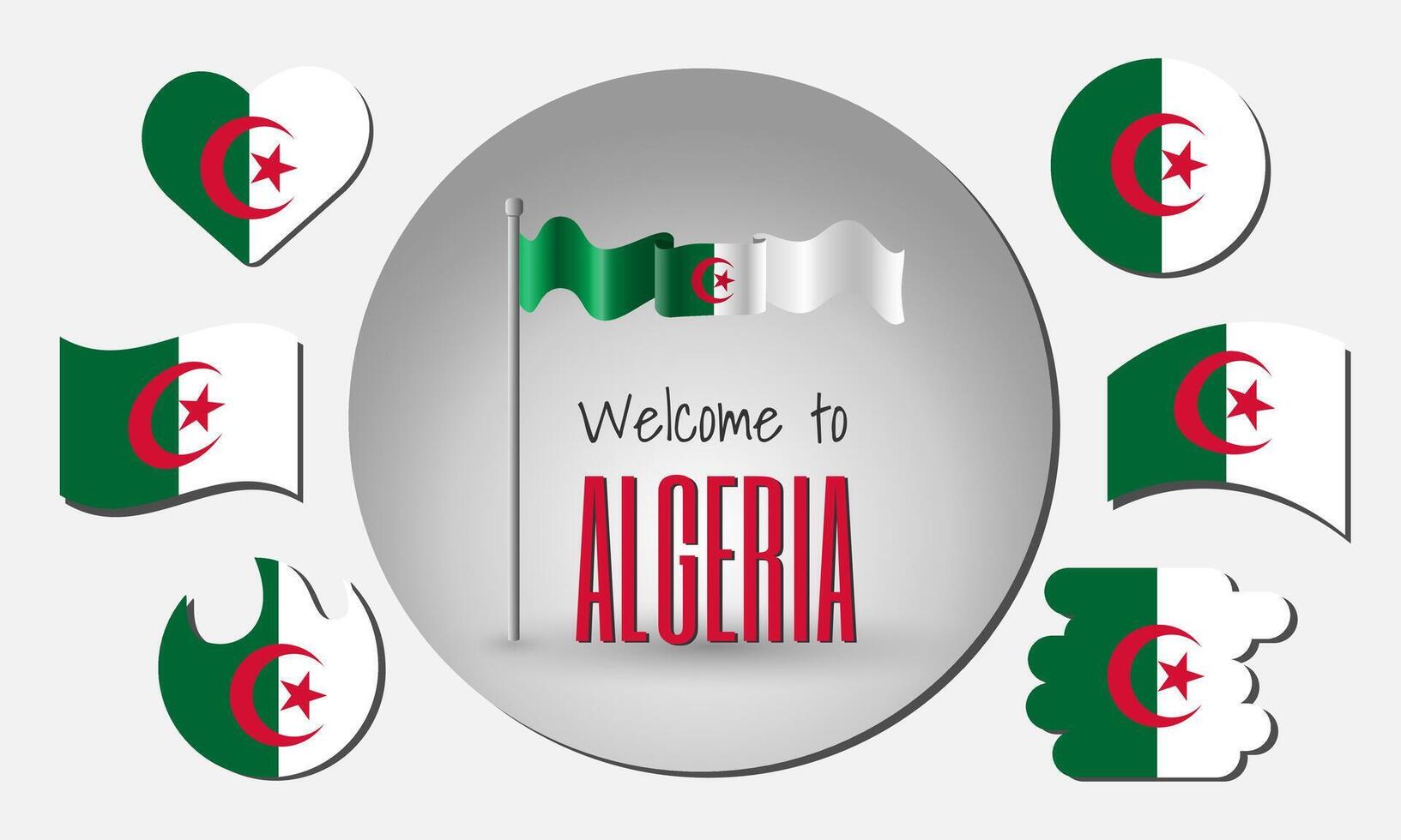 Waving flag of Algeria with the inscription Welcome to Algeria. Different versions of the flag in the shape of a heart, circle, arc, etc. vector