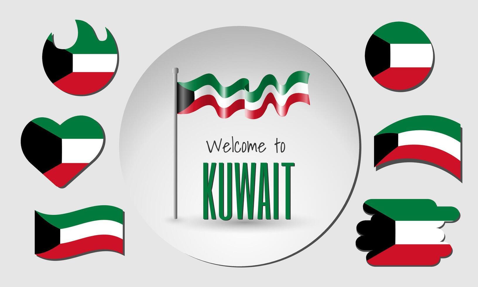 Set of Kuwait flags and waving Kuwait flag with the inscription Welcome to Kuwait. vector