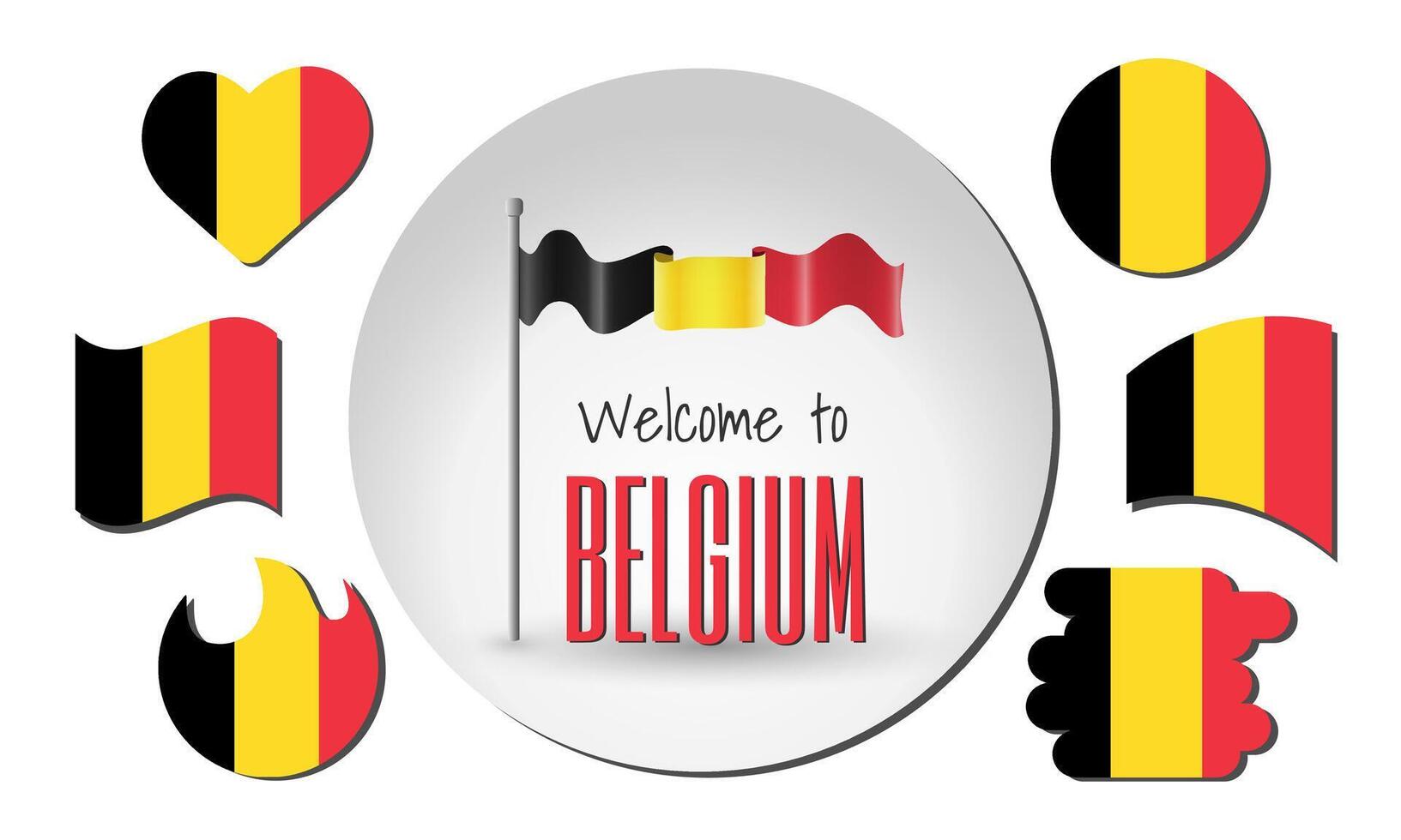 Waving flag of Belgium with the inscription Welcome to Belgium. Different versions of the flag in the shape of a heart, circle, arc, etc. vector