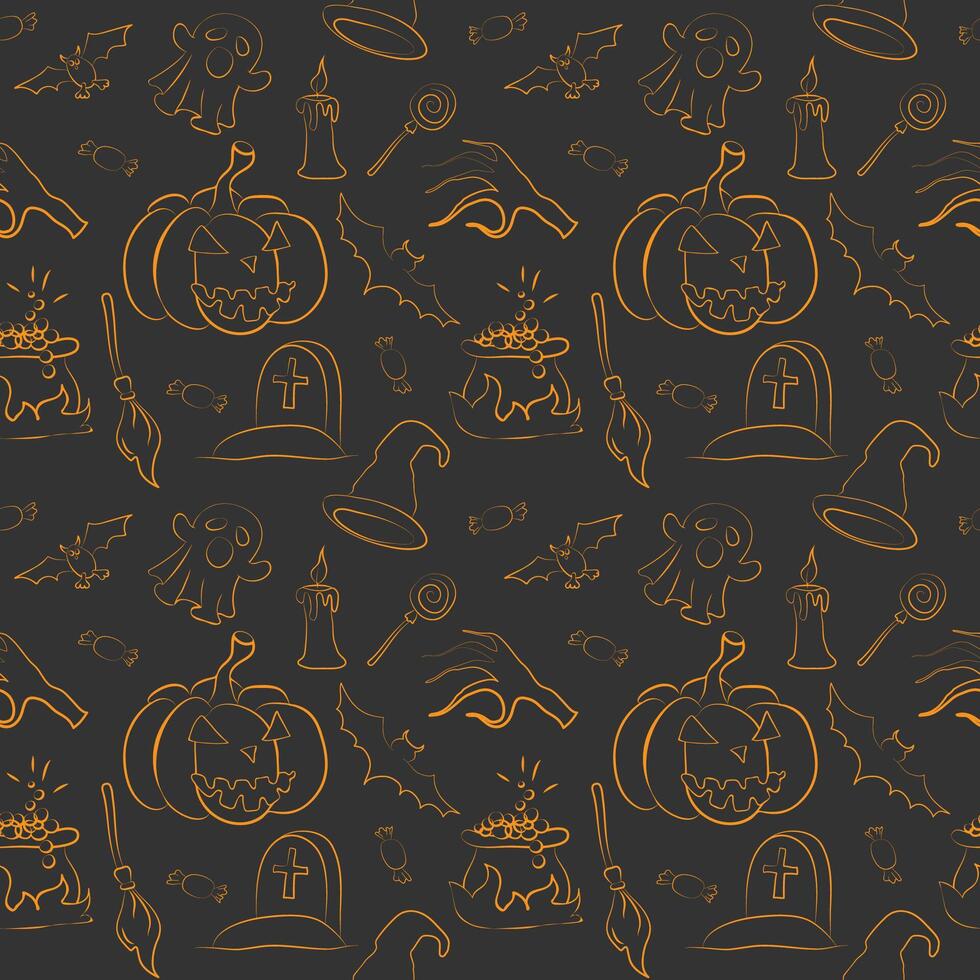 Seamless Halloween pattern with pumpkin, cauldron, and ghosts vector
