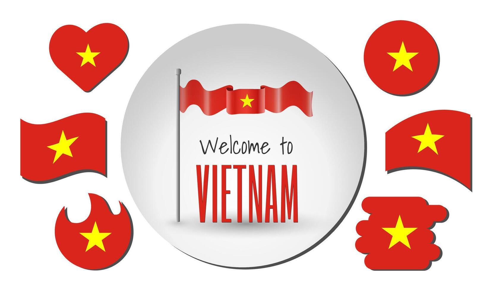 Set of Vietnam flags and waving Vietnam flag with the inscription Welcome to Vietnam vector