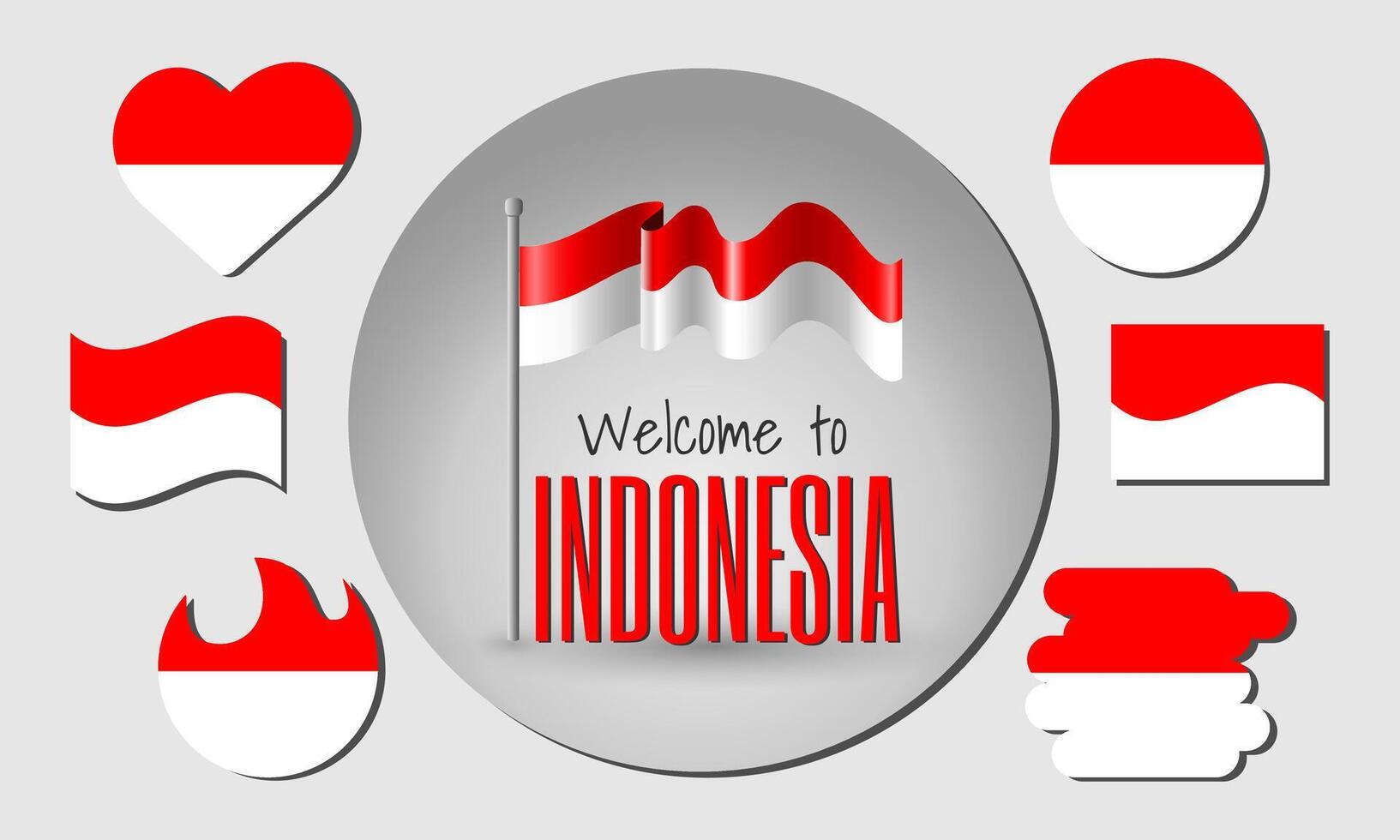 Waving flag of Indonesia with the inscription Welcome to Indonesia. Different versions of the flag in the shape of a heart, circle, arc, etc. vector