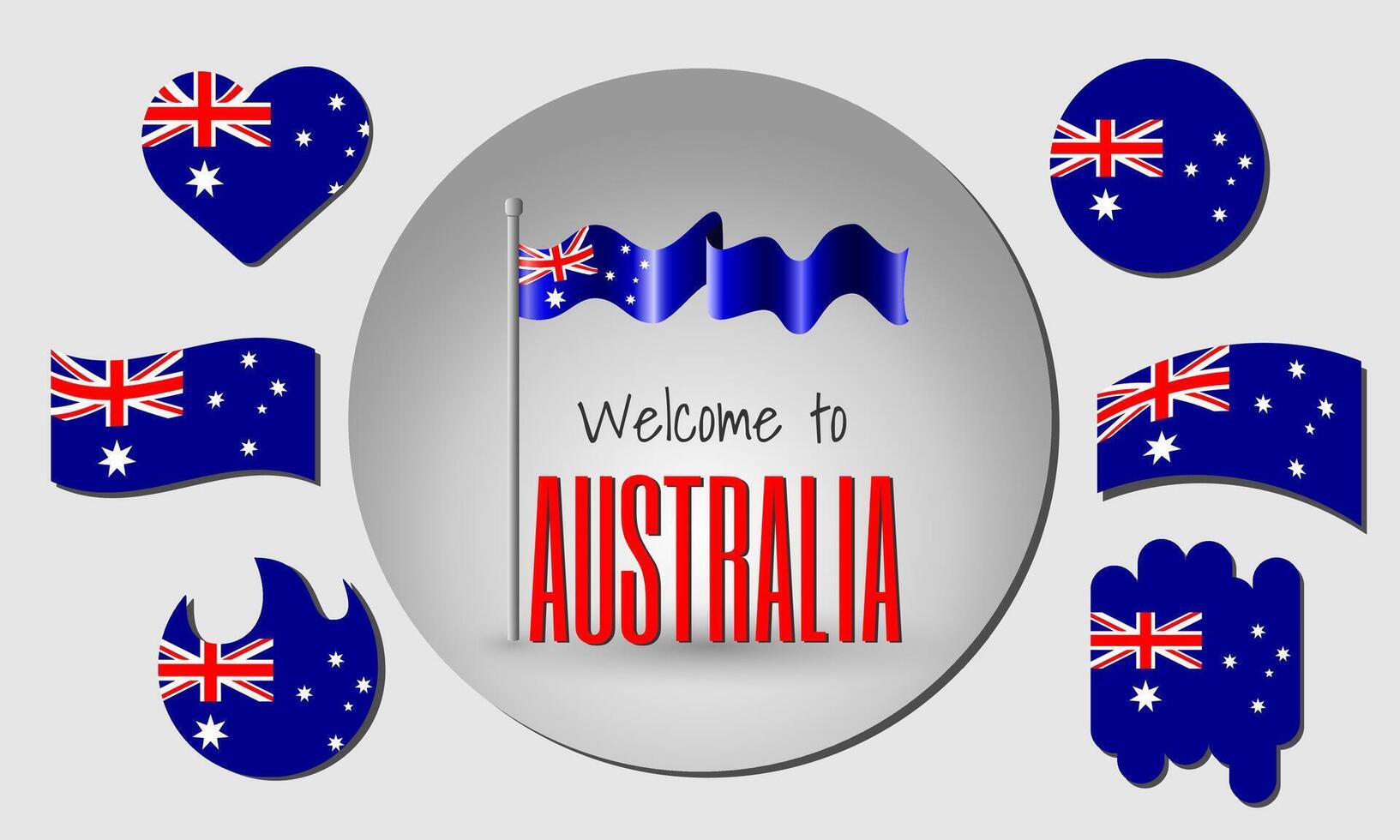 Waving flag of Australia with the inscription Welcome to Australia. Different versions of the flag in the shape of a heart, circle, arc, etc. vector