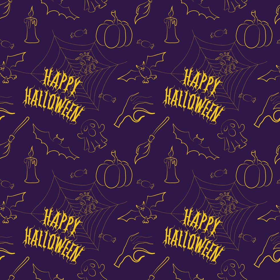 Seamless Halloween Pattern with Pumpkin, Ghost, Bat, and Happy Halloween text vector