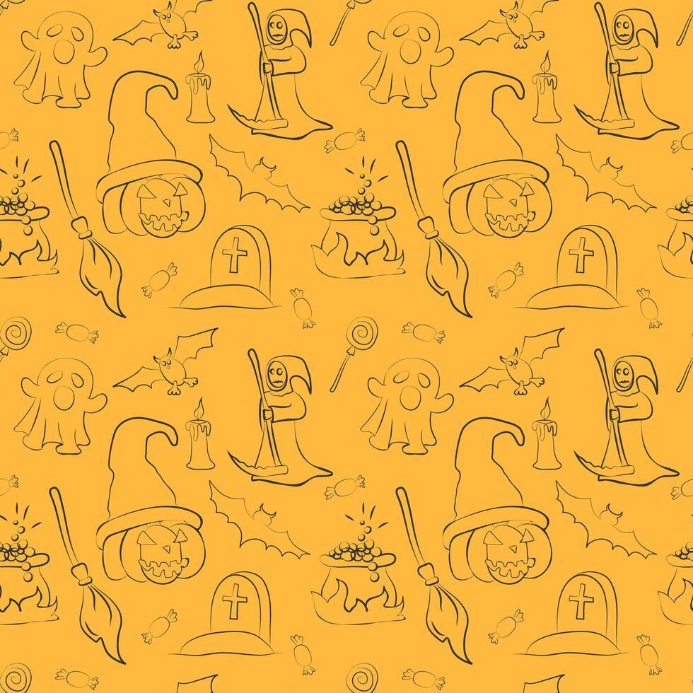 Seamless Halloween Pattern with Pumpkins, Ghosts, and Bats vector
