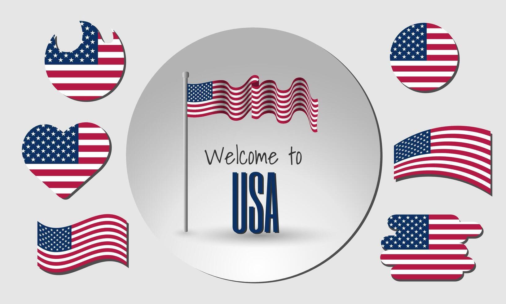 Waving flag of the United States of America with the inscription Welcome to the USA. Different versions of the flag in the shape of a heart, circle, arc, etc. vector