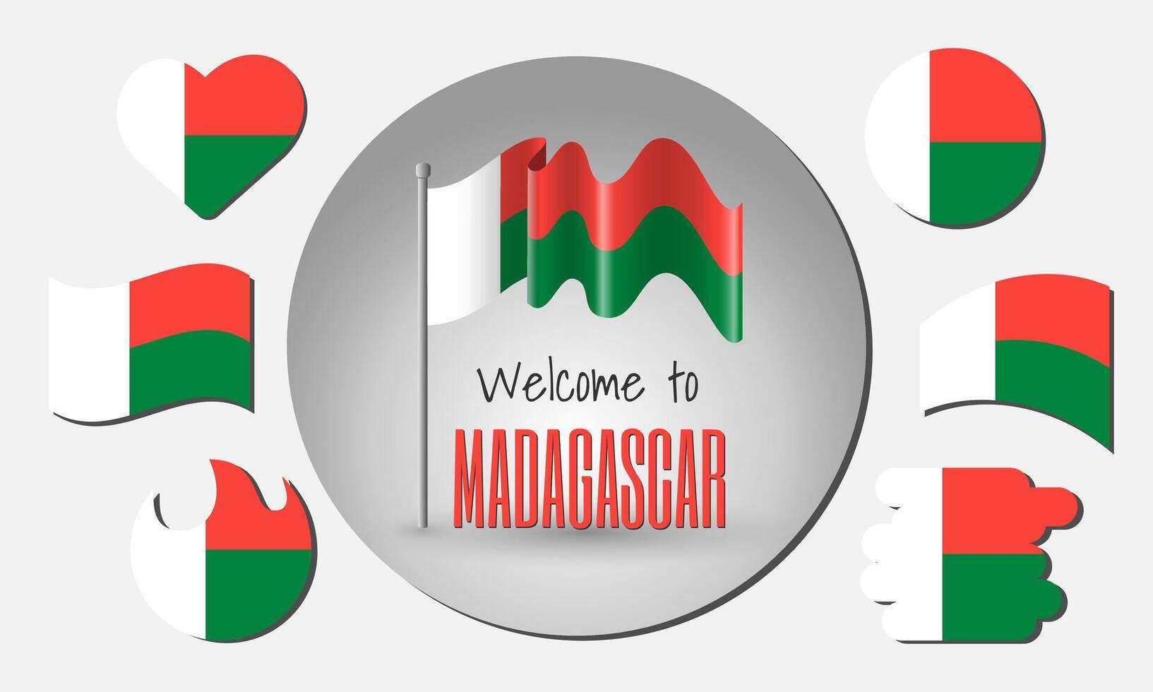 Set of Madagascar flags and waving Madagascar flag with the inscription Welcome to Madagascar. vector