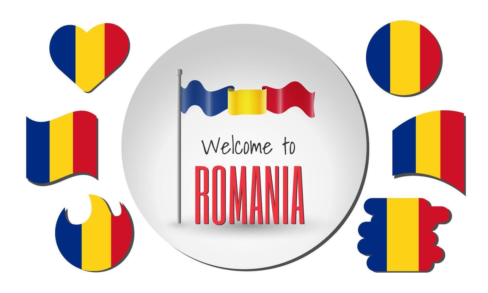 Set of Romania flags and waving Romanian flag with the inscription Welcome to Romania. vector